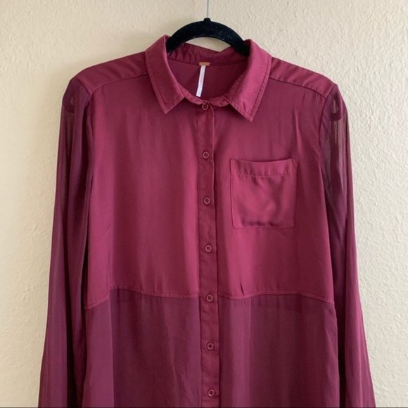 FREE PEOPLE Semi Sheer Burgundy Button Up Blouse S - Picture 5 of 8
